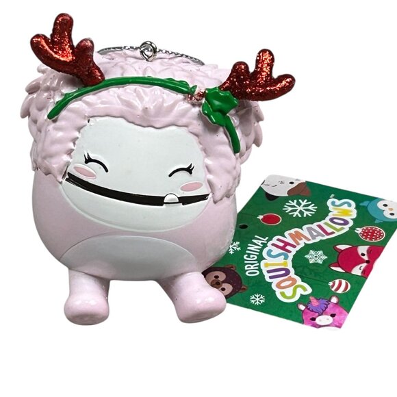 NEW 2022 Squishmallow Christmas Ornament BRINA The Pink Bigfoot YETI Red Antlers - Picture 1 of 3